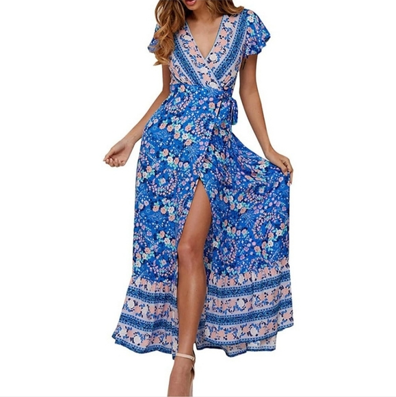 Zesica | Dresses | Zesica Womens Bohemian Floral Print V Neck Maxi ...
